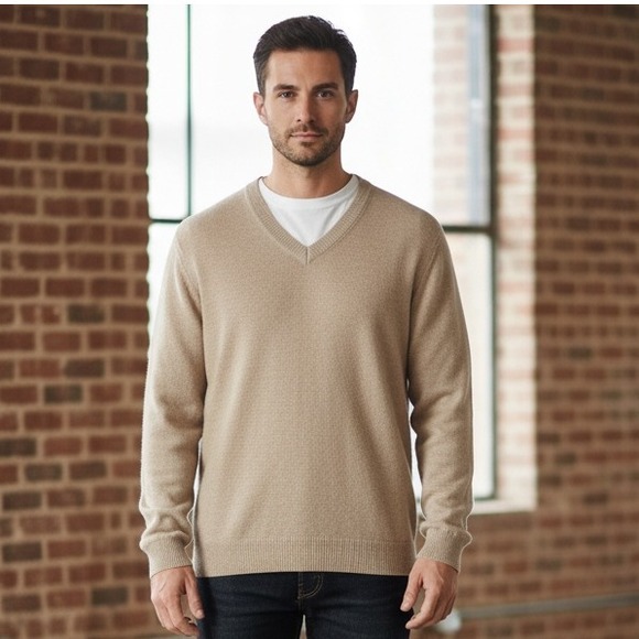 Brooks Brothers Cashmere Sweater Mens 44 V-Neck Tan Knit Preppy Scotland - Picture 1 of 10